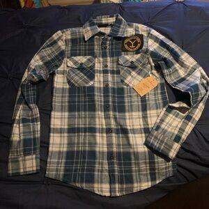 Yellowstone XS Blue and White plaid Button Down Dutton Ranch Embroidered Patch